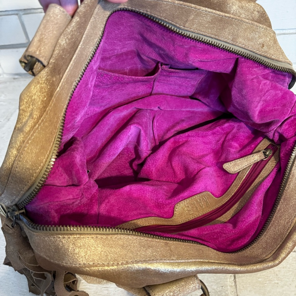 Kale Brown / Gold Metallic Suede Satchel Bag with Pink Suede Interior - Picture 8 of 15